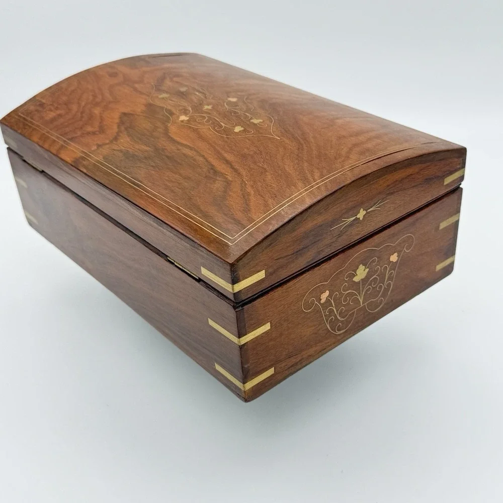 Vintage Wood Jewelry Keepsake Box Brass Inlay Locking - 2 Keys Felt Lined, 12x8